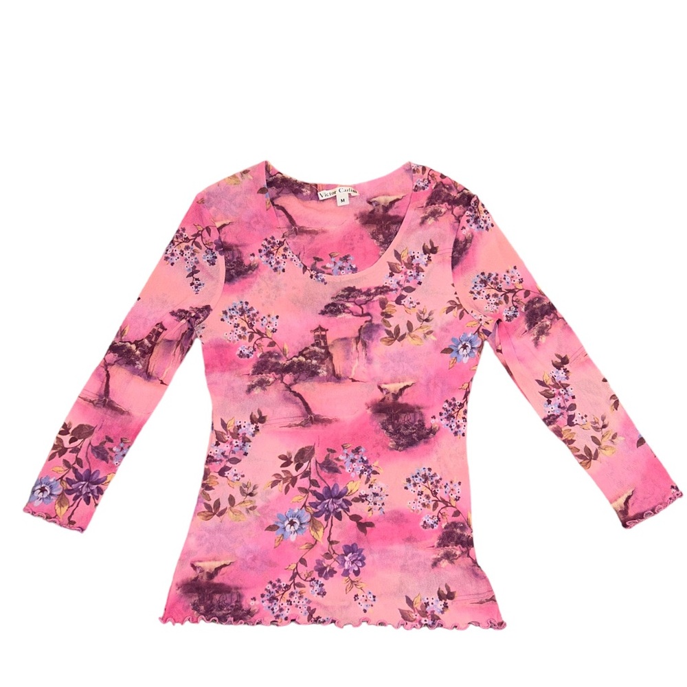Y2K Victor Carlini Blouse Women M Pink Sheer Scalloped Hem Stretch 100% Nylon